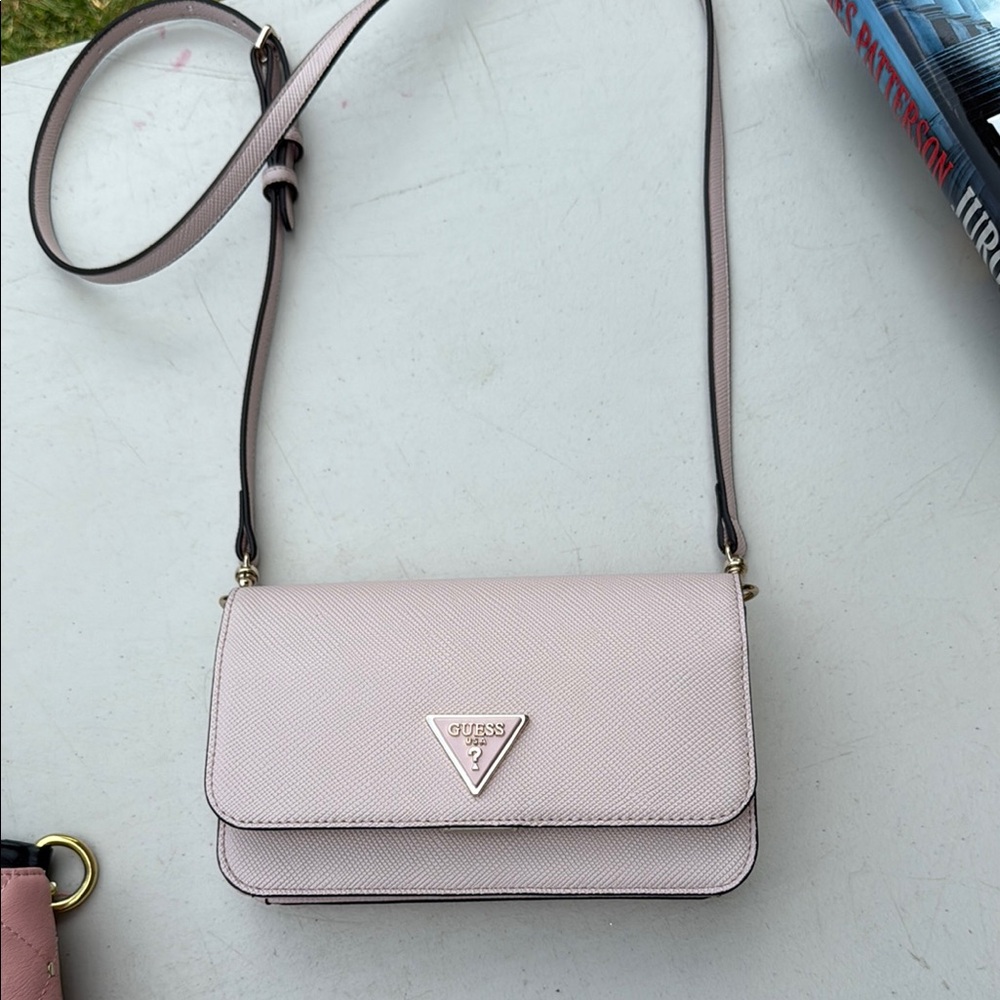 Guess Pink Crossbody Bag with Gold Hardware and Flap Closure